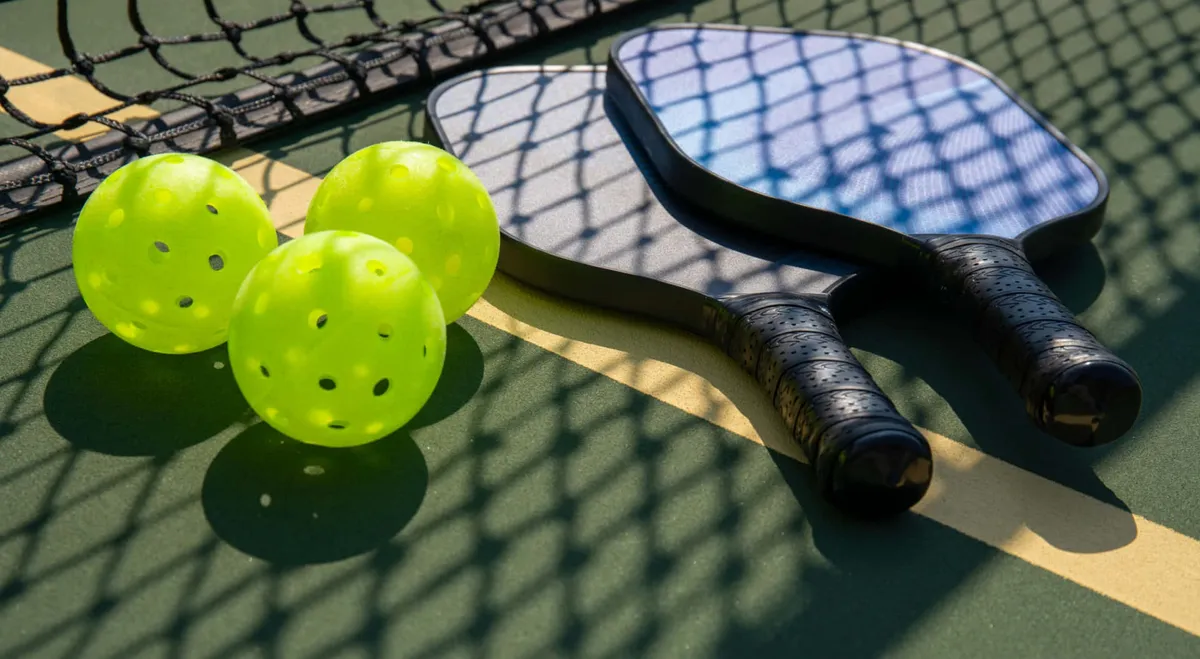 This interior image features two pickleball paddles and three yellow pickleballs set out near a tennis net, evoking the energy and excitement of casual and competitive pickleball play. The playful arrangement and sporty atmosphere directly reference the range of recreational activities available at Sun Lakes.